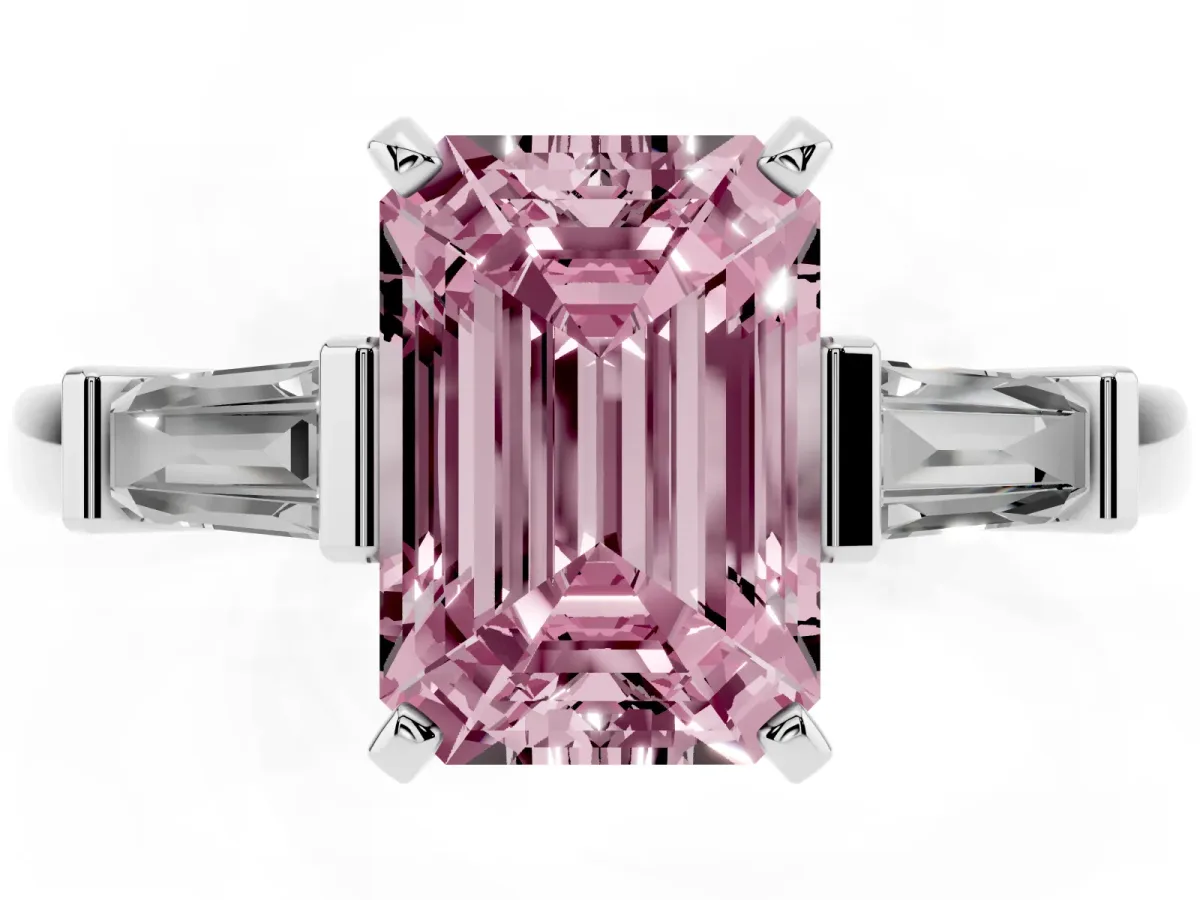 Fancy Pink Emerald Cut Cut Diamond Solitaire Ring with Tapered Baguette Accents and Four-Prong Setting White gold