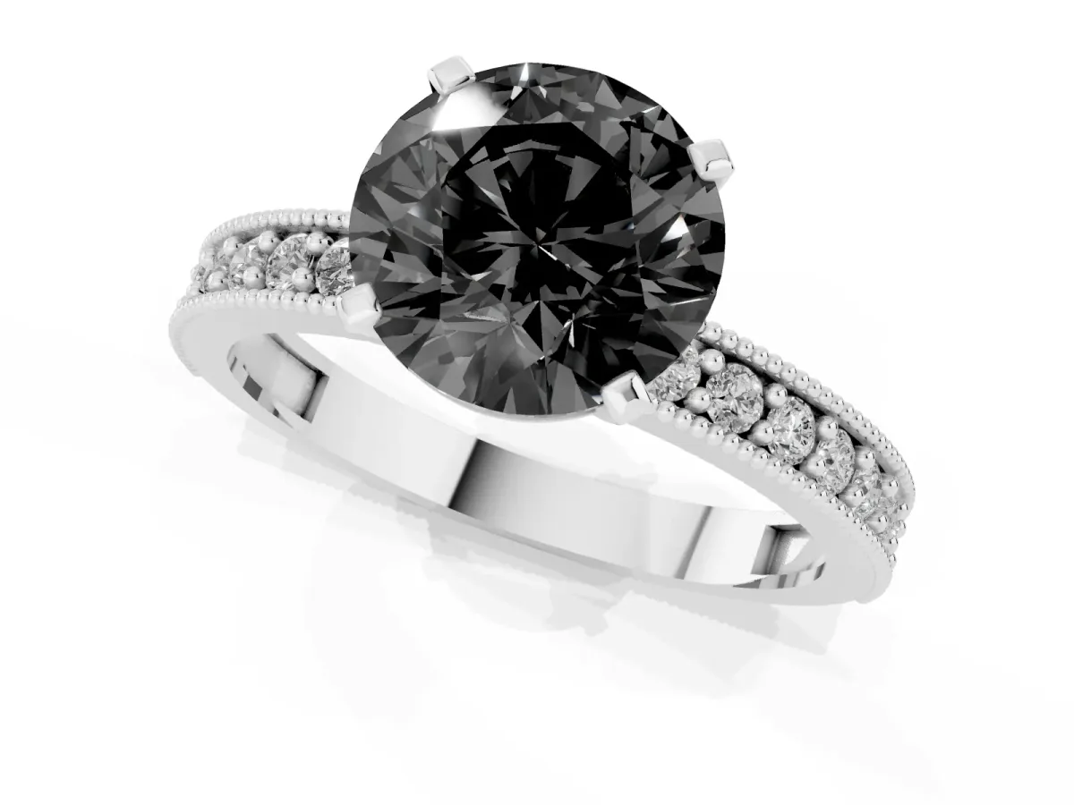 Fancy Black Round Cut Diamond Milgrain Pavé Engagement Ring with Four-Prong Setting Platinum