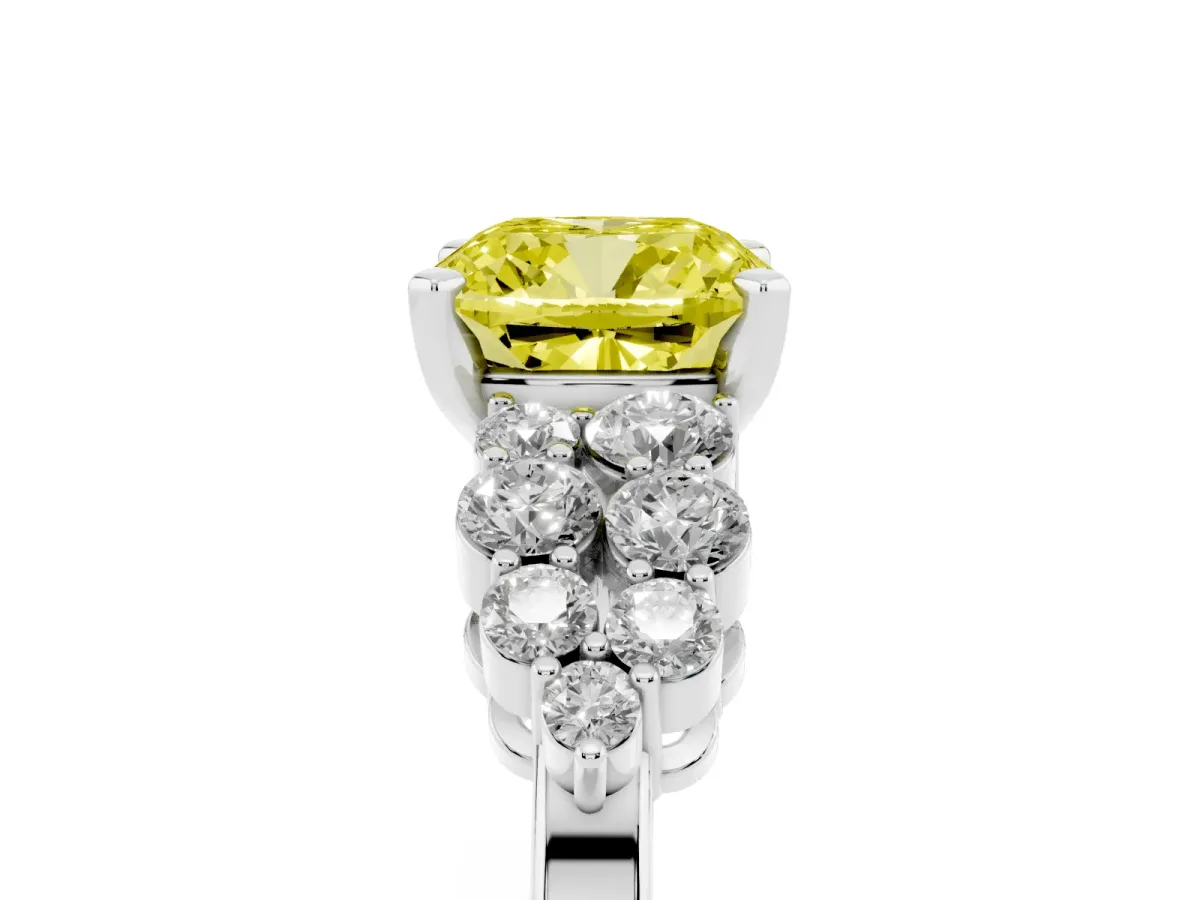 Fancy Yellow Cushion Cut Cluster Diamond Engagement Ring with Pavé Band and Four-Prong Setting Silver