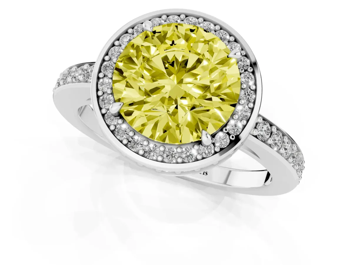 Fancy Yellow Round Cut Halo Pave Band Solitaire Ring with Prong Setting Silver