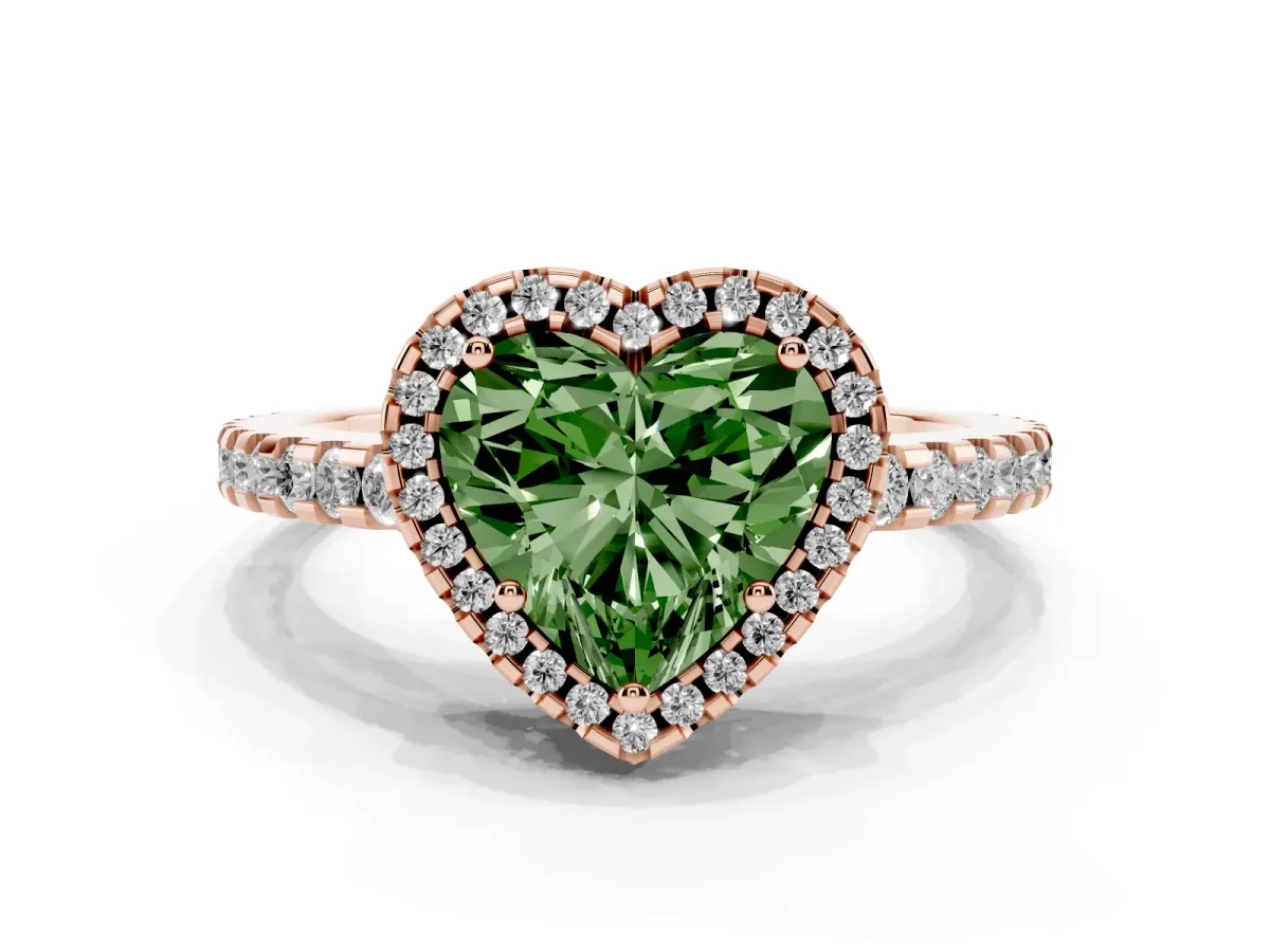 Fancy Green Heart Cut Diamond Halo Engagement Ring with Pavé Band and Prong Setting Rose gold