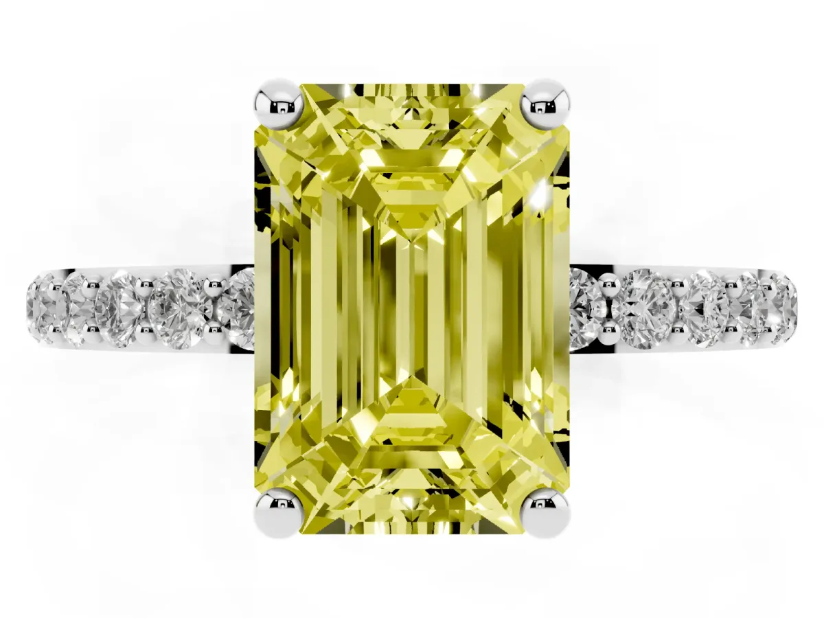 Fancy Yellow Emerald Cut Diamond Solitaire Ring with Round Pavé Band and Prong Setting Silver