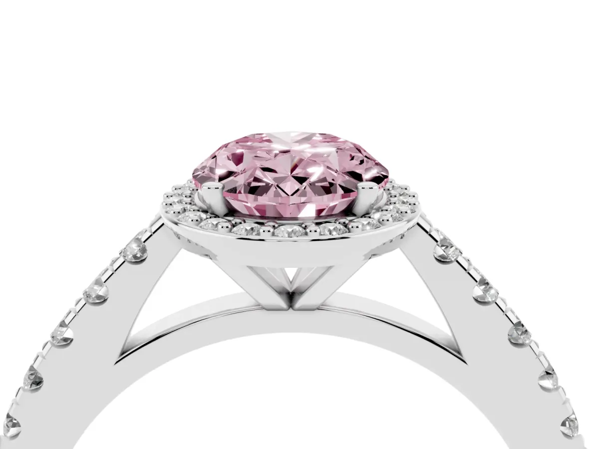 Fancy Pink Oval Cut Cut Halo Diamond Engagement Ring with Pave Band and Four-Prong Setting Silver