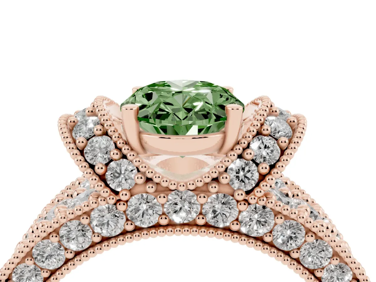 Fancy Green Oval Cut Halo Pave Diamond Engagement Ring with Milgrain Detailing Rose gold