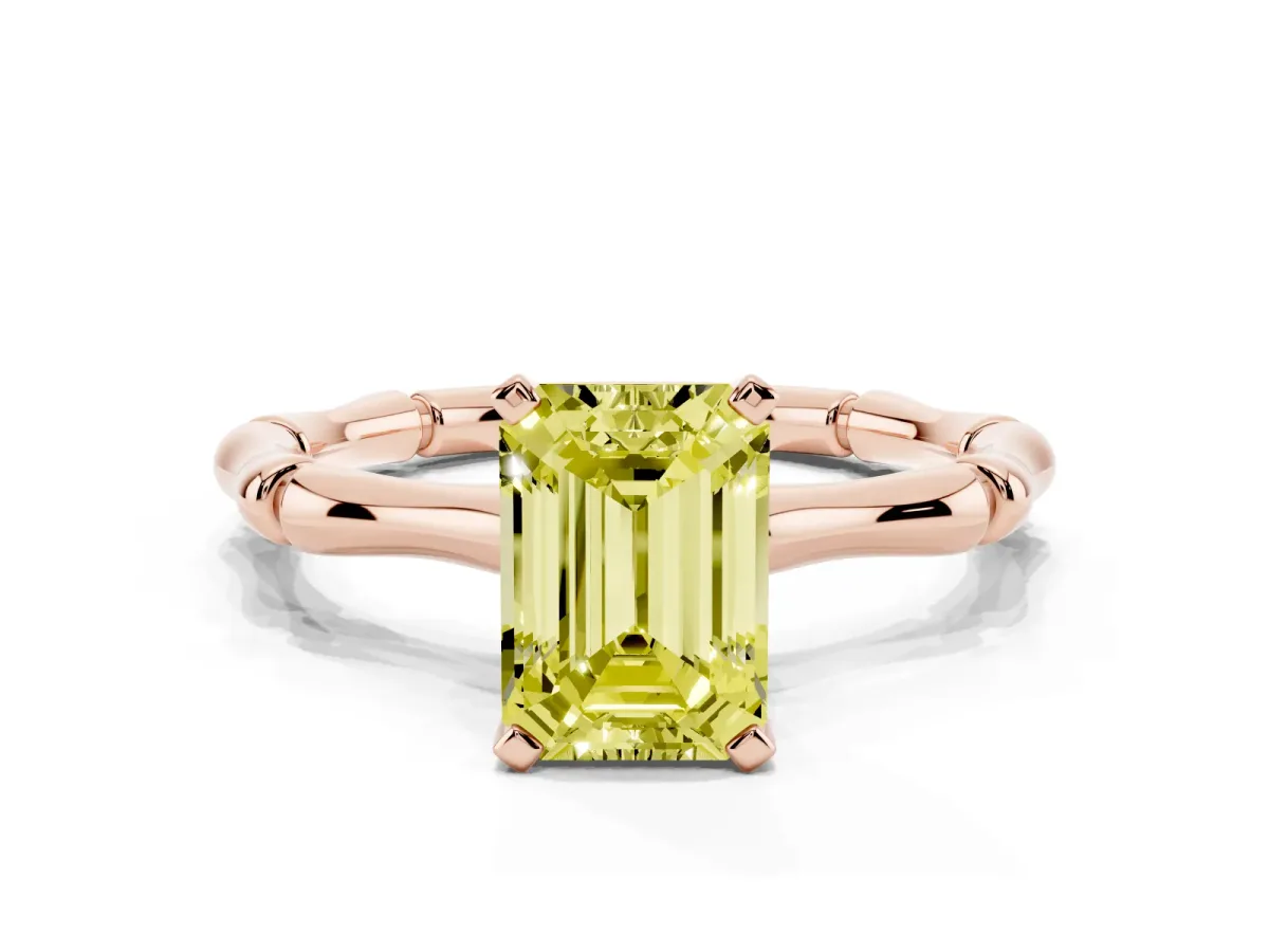 Fancy Yellow Emerald Cut Solitaire Diamond Ring with Bamboo Band and Four-Prong Setting Rose gold