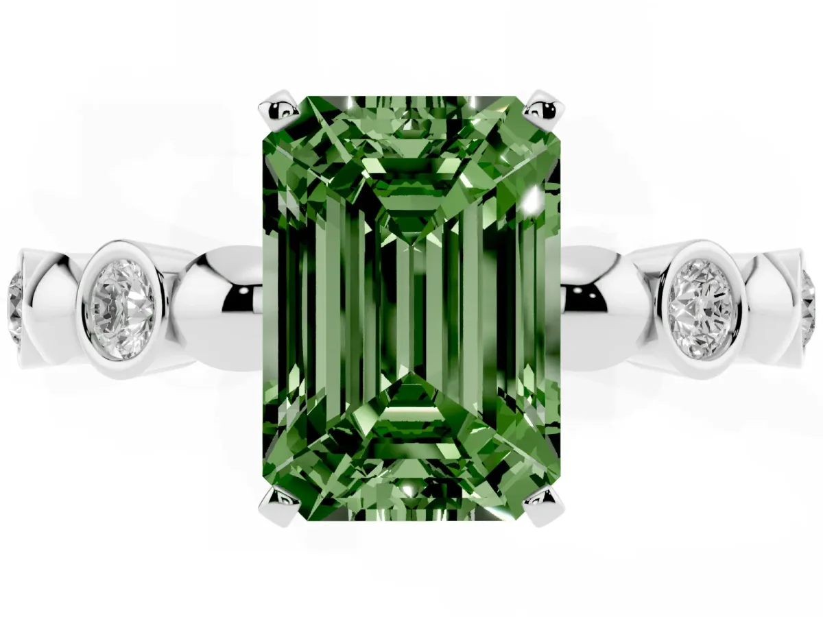 Fancy Green Emerald Cut Solitaire Bezel-Set Diamond Ring with Beaded Band and Four-Prong Setting Silver