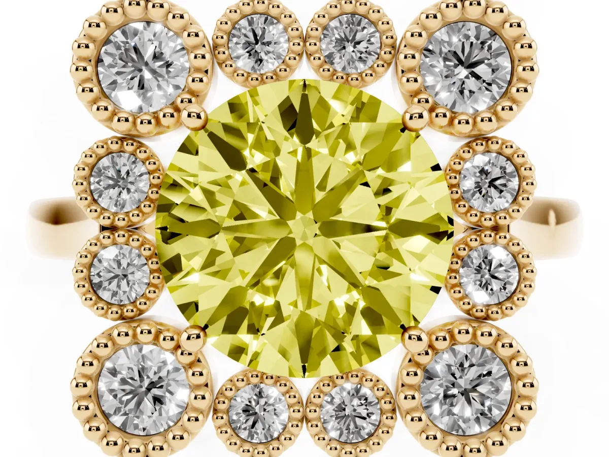 Fancy Yellow Round Cut Halo Diamond Cluster Engagement Ring with Milgrain Bezel Setting and Solitaire Band Yellow gold