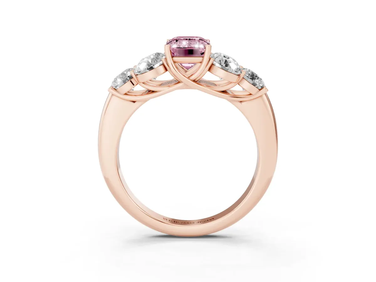 Fancy Pink Emerald Cut Cut Diamond Cluster Ring with Round Accent Stones and Prong Setting on a Classic Band Rose gold