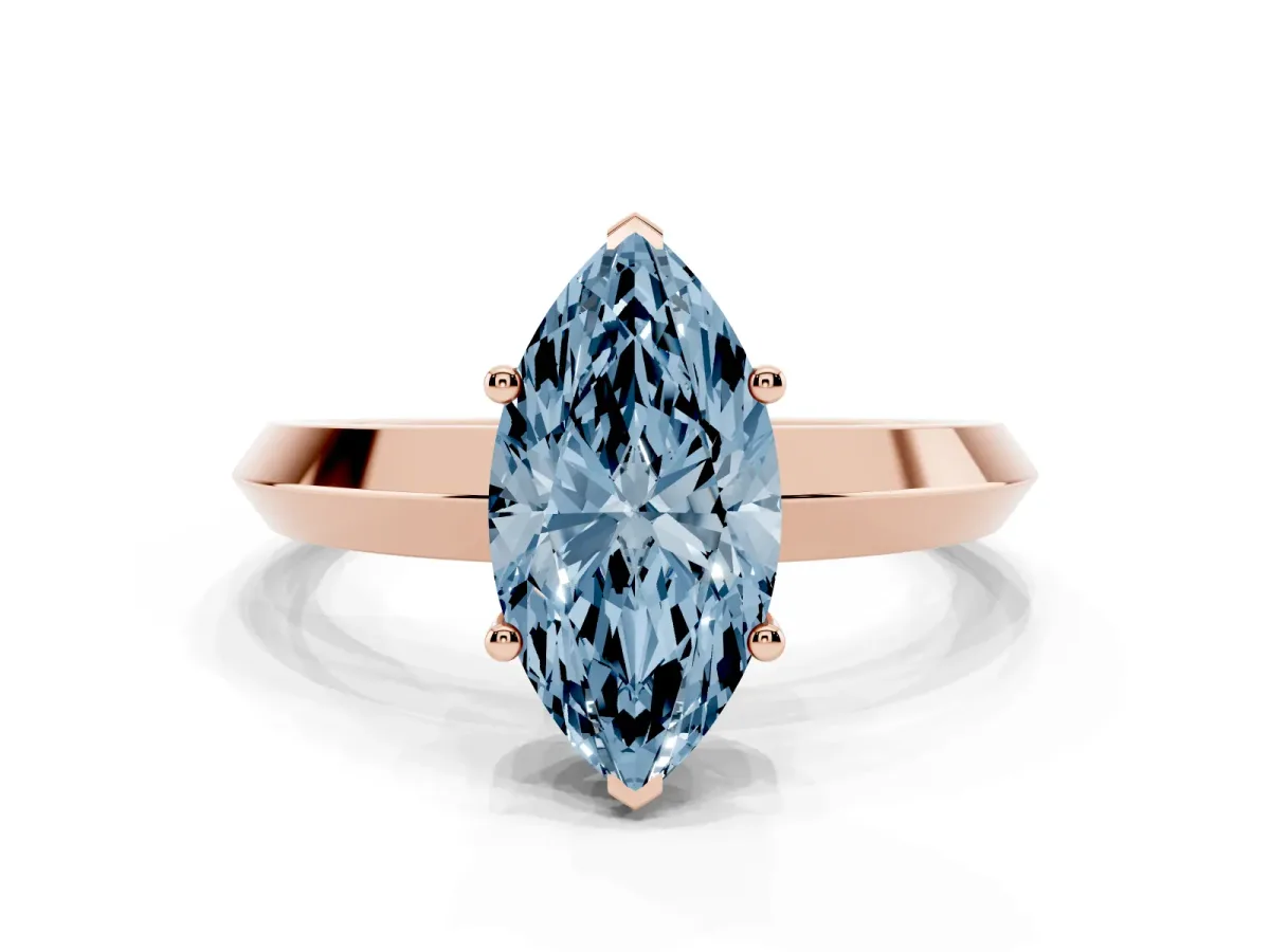 Fancy Blue Marquise Cut Cut Solitaire Engagement Ring with Flat Band and Four-Prong Setting Rose gold