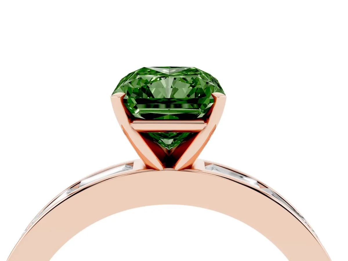 Fancy Green Radiant Cut Solitaire Diamond Ring with Channel-Set Baguette Band and Four-Prong Setting Rose gold