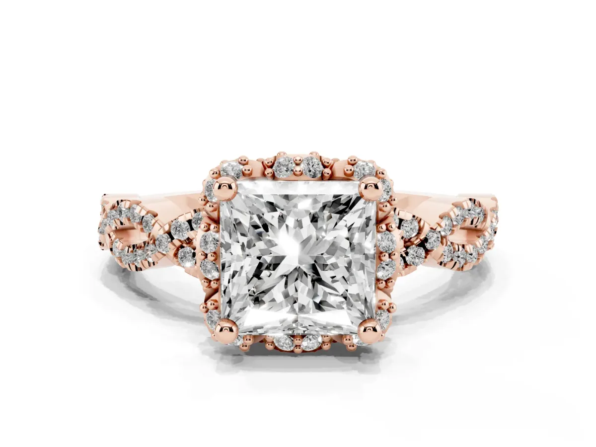 Princess Cut Halo Twist Band Solitaire Ring with Six-Prong Setting Rose gold