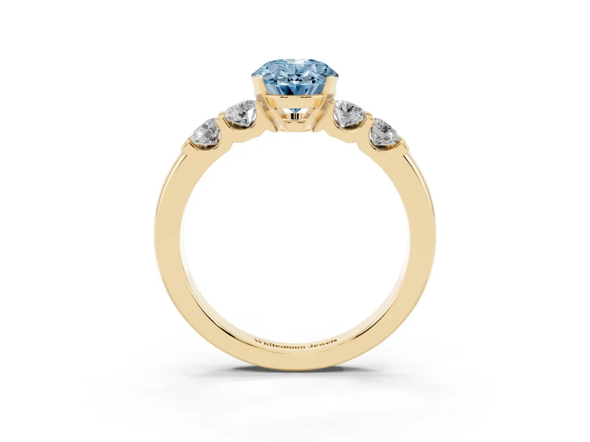Fancy Blue Oval Cut Brilliant Cut Diamond Five-Stone Prong Set Engagement Ring with Channel Band Yellow gold