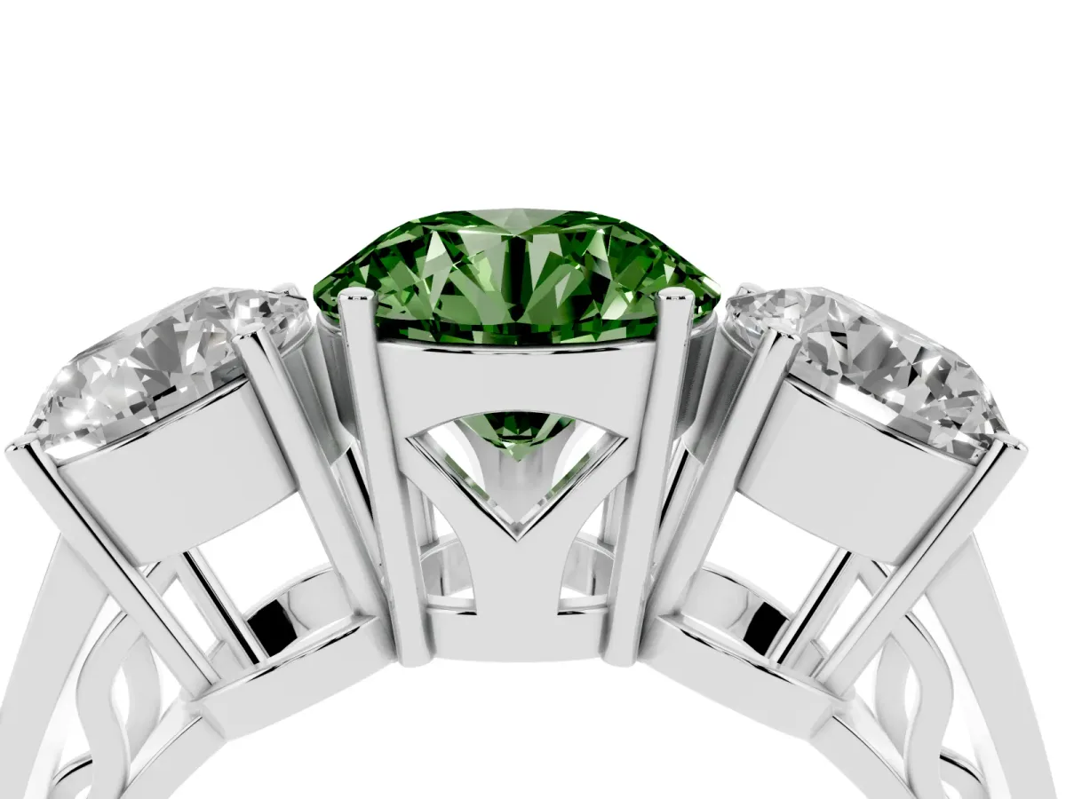 Fancy Green Round Cut Diamond Three-Stone Ring with Prong Setting and Textured Band Silver