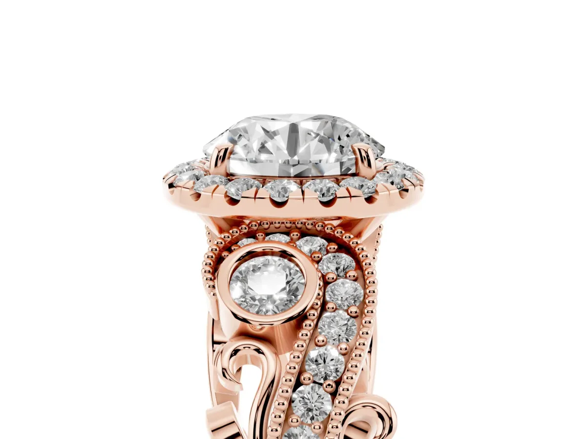 Round Cut Halo Diamond Ring with Milgrain and Bezel Accents on a Split Shank Band Rose gold