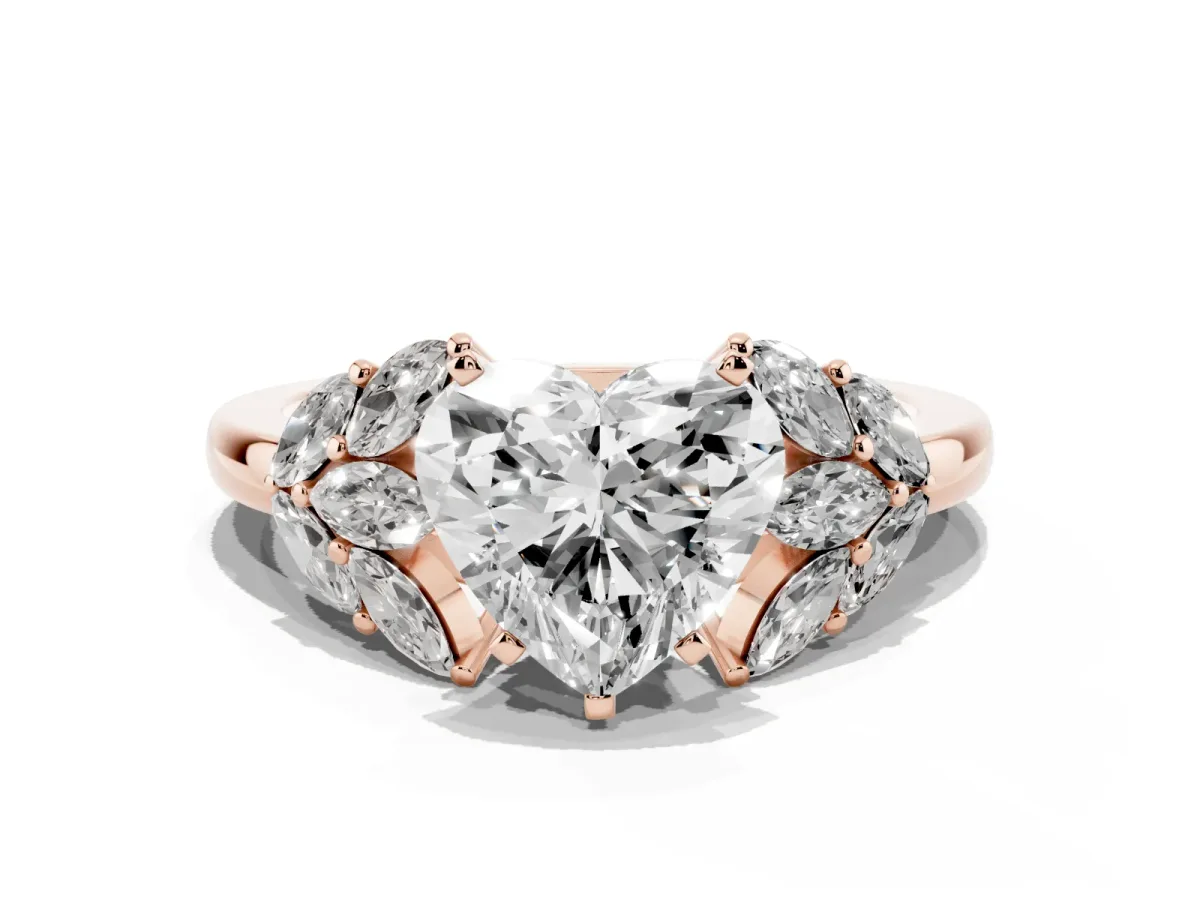 Heart Cut Diamond Cluster Leaf Design Ring with Prong Setting Rose gold