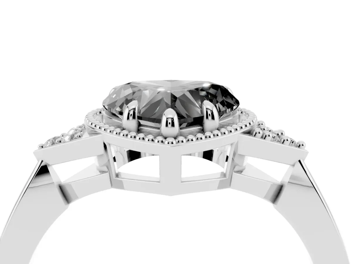 Fancy Black Hexagonal Halo Heart Cut Diamond Solitaire with Pavé Band and Four-Prong Setting Silver