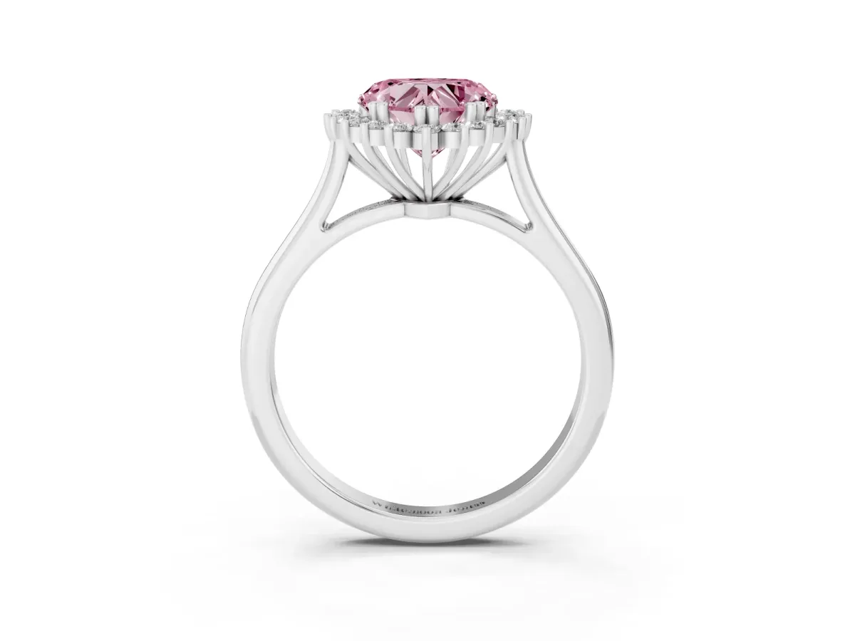 Fancy Pink Heart Cut Cut Diamond Halo Ring with Solitaire Band and Prong Setting Platinum