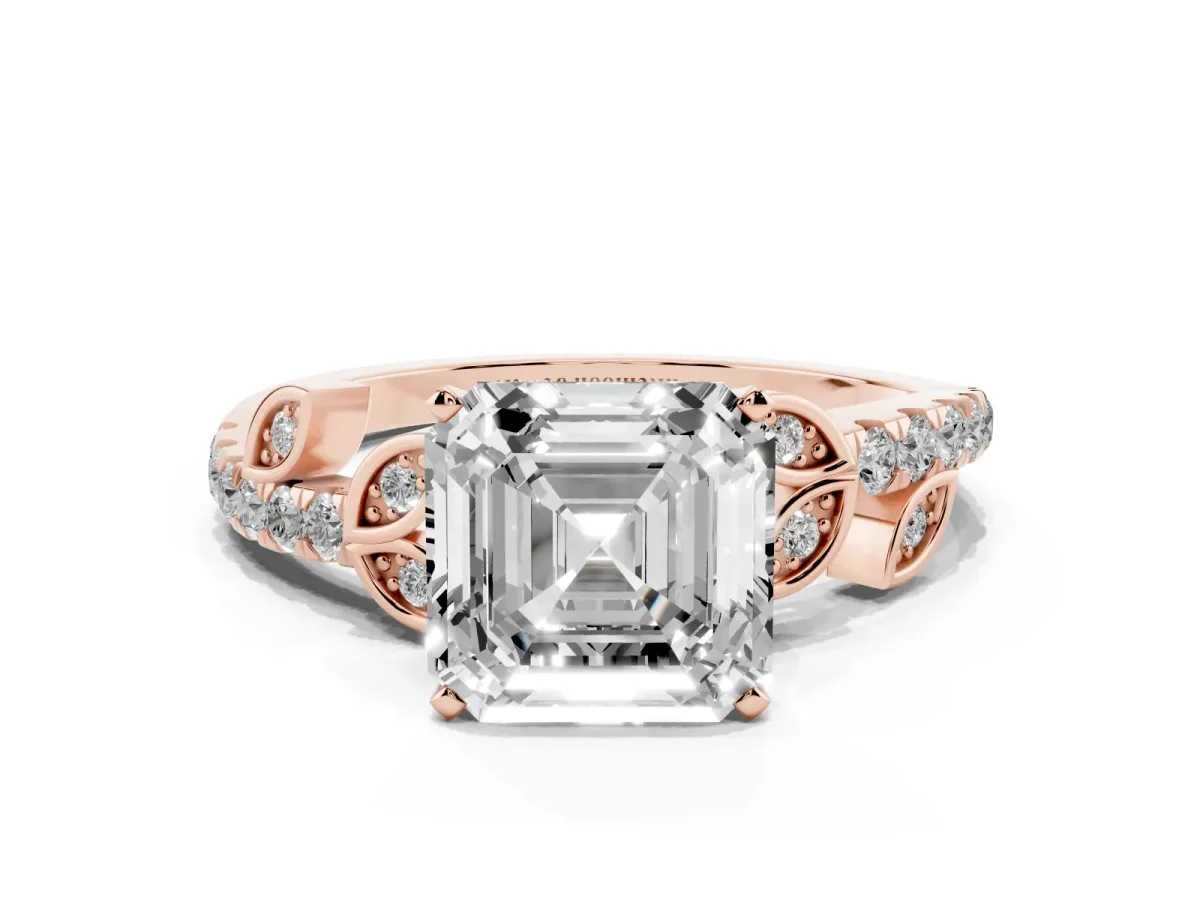 Asscher Cut Solitaire Leaf-Inspired Diamond Ring with Pavé Band and Four-Prong Setting Rose gold
