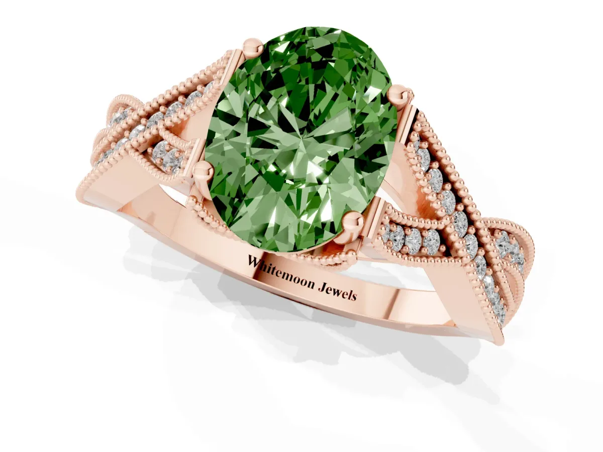 Fancy Green Oval Cut Cut Diamond Twisted Band with Milgrain Pave Setting and Four-Prong Setting Rose gold