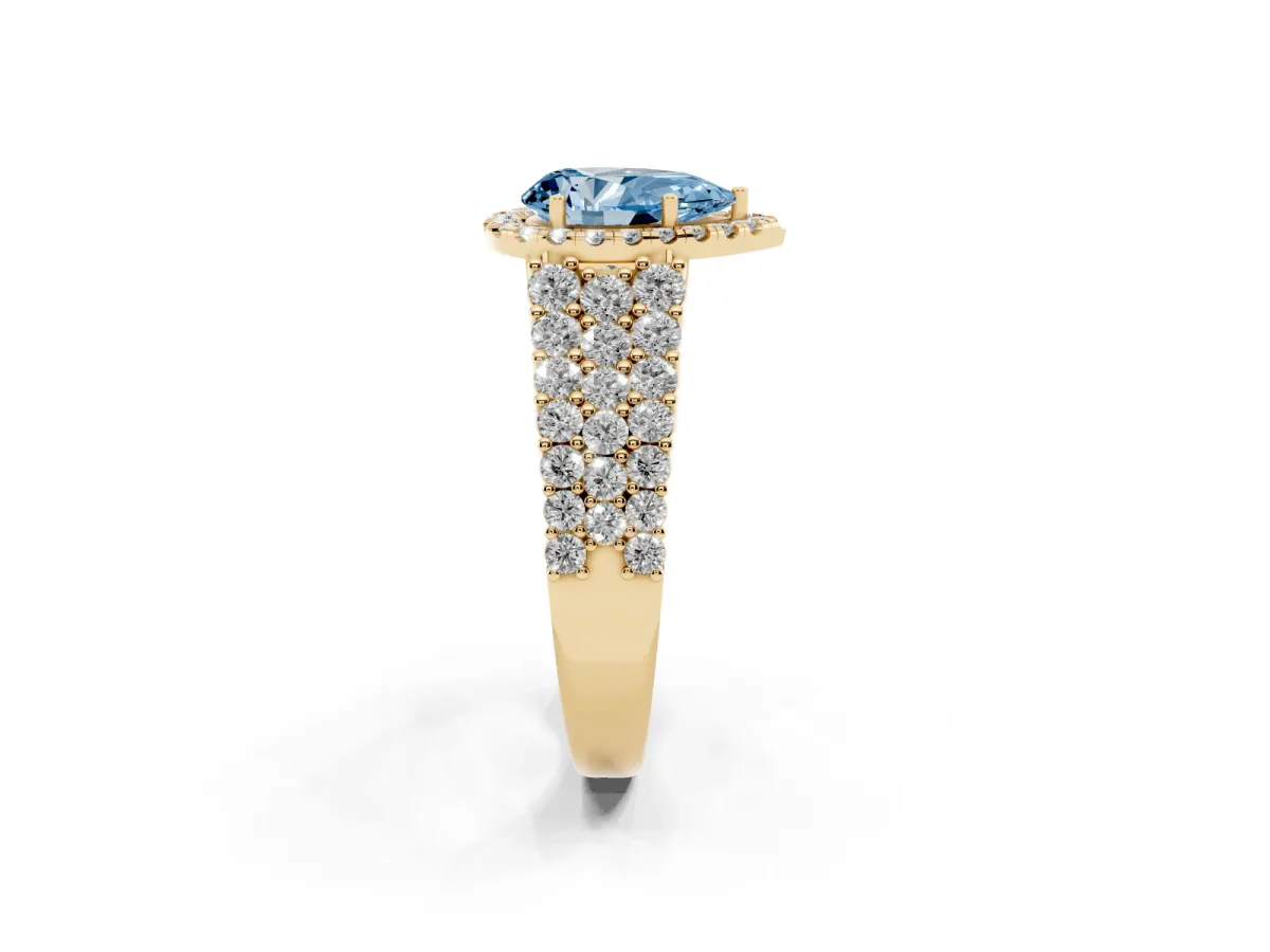 Fancy Blue Pear Cut Diamond Halo Engagement Ring with Triple Row Round Pavé Band and Prong Setting Yellow gold