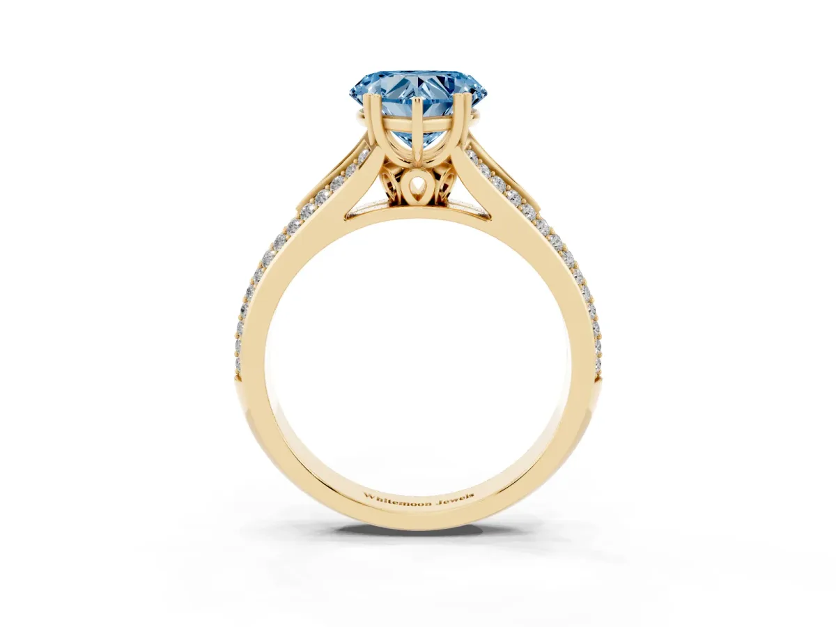 Fancy Blue Heart Cut Diamond Split Shank Engagement Ring with Pavé Band Yellow gold