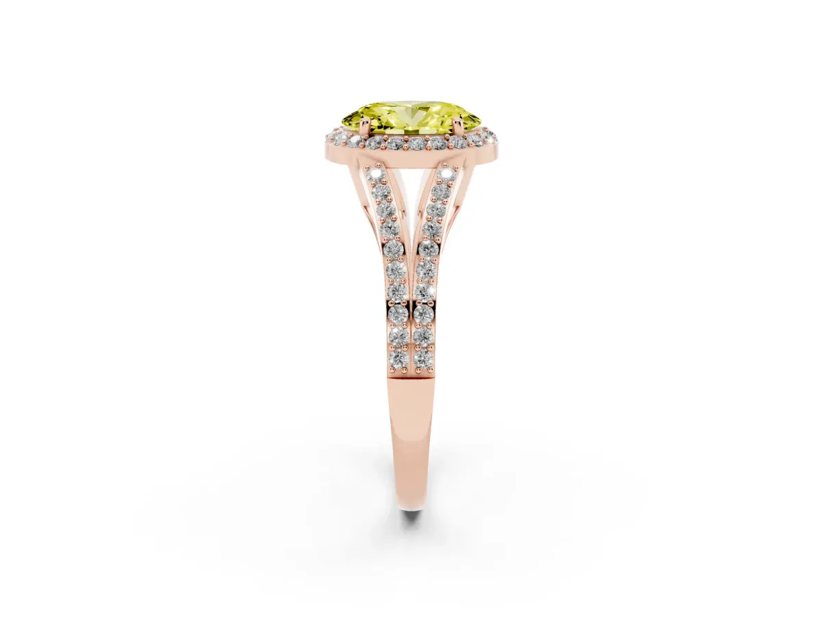 Fancy Yellow Oval Cut Halo Split Shank Pave Diamond Ring with Four-Prong Setting Rose gold