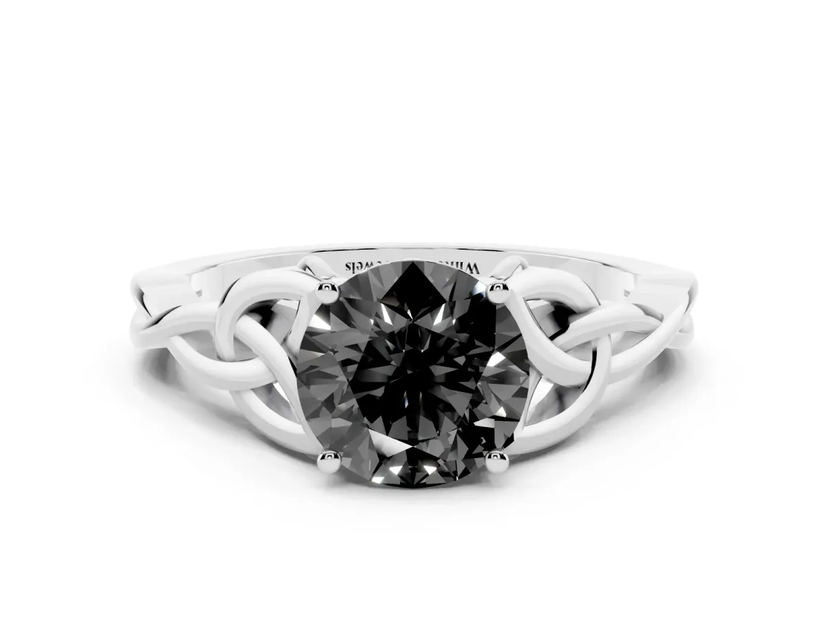 Fancy Black Round Cut Diamond Solitaire Engagement Ring with Celtic Knot Band and Four-Prong Setting White gold