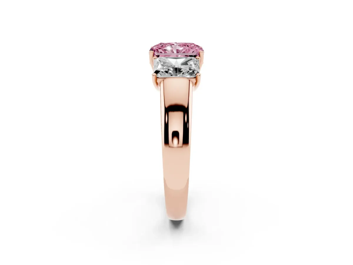Fancy Pink Three-Stone Radiant Cut Cut Diamond Ring with Prong Setting and Classic Band Rose gold
