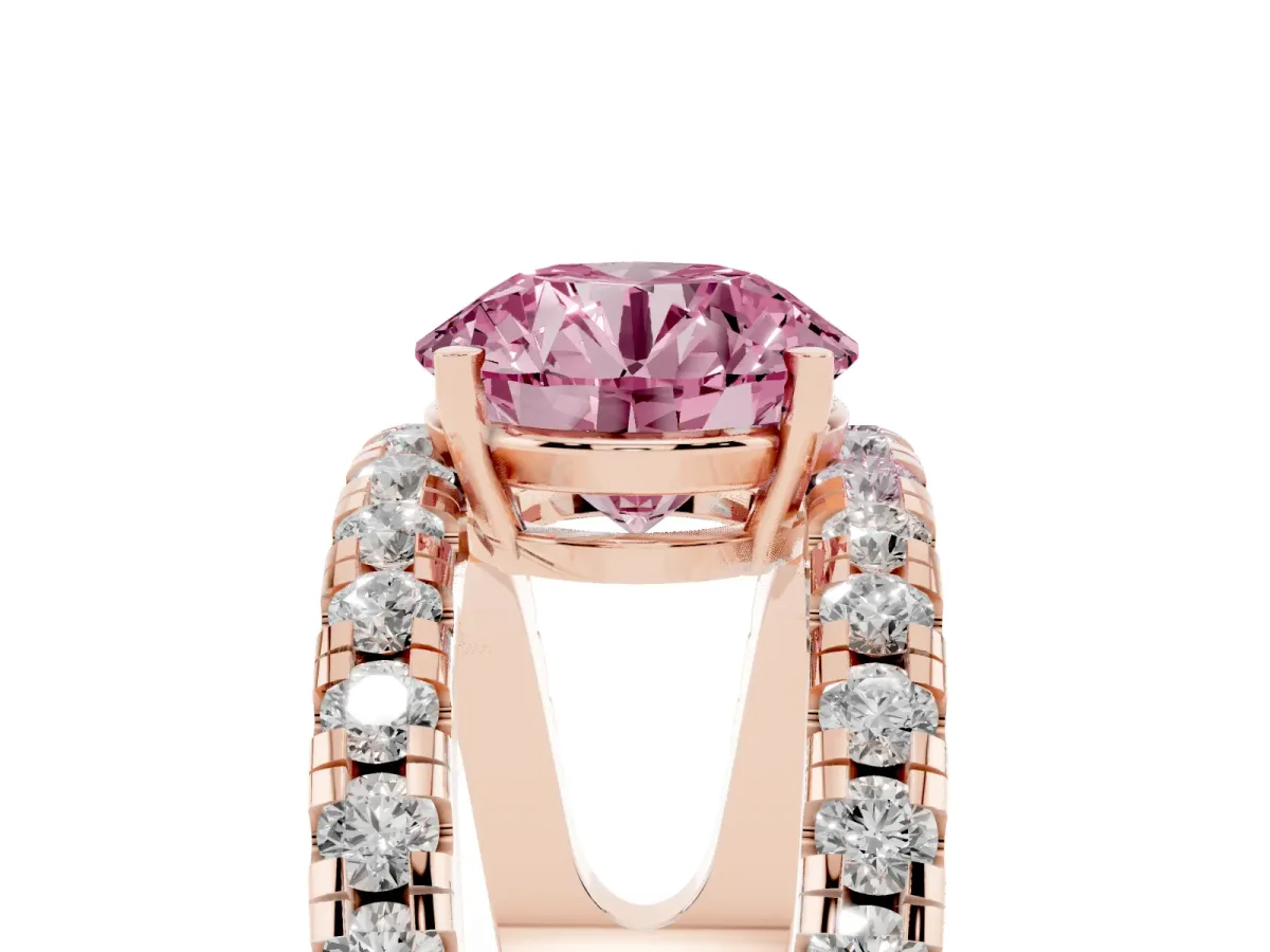 Fancy Pink Round Cut Solitaire Split Shank Pave Diamond Ring Rose gold