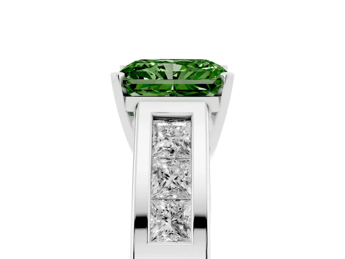 Fancy Green Radiant Cut Cut Channel Set Solitaire Ring with Four-Prong Setting Silver