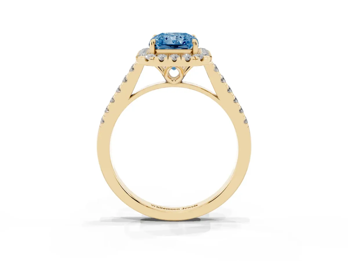 Fancy Blue Radiant Cut Halo Pavé Diamond Engagement Ring with Four-Prong Setting Yellow gold