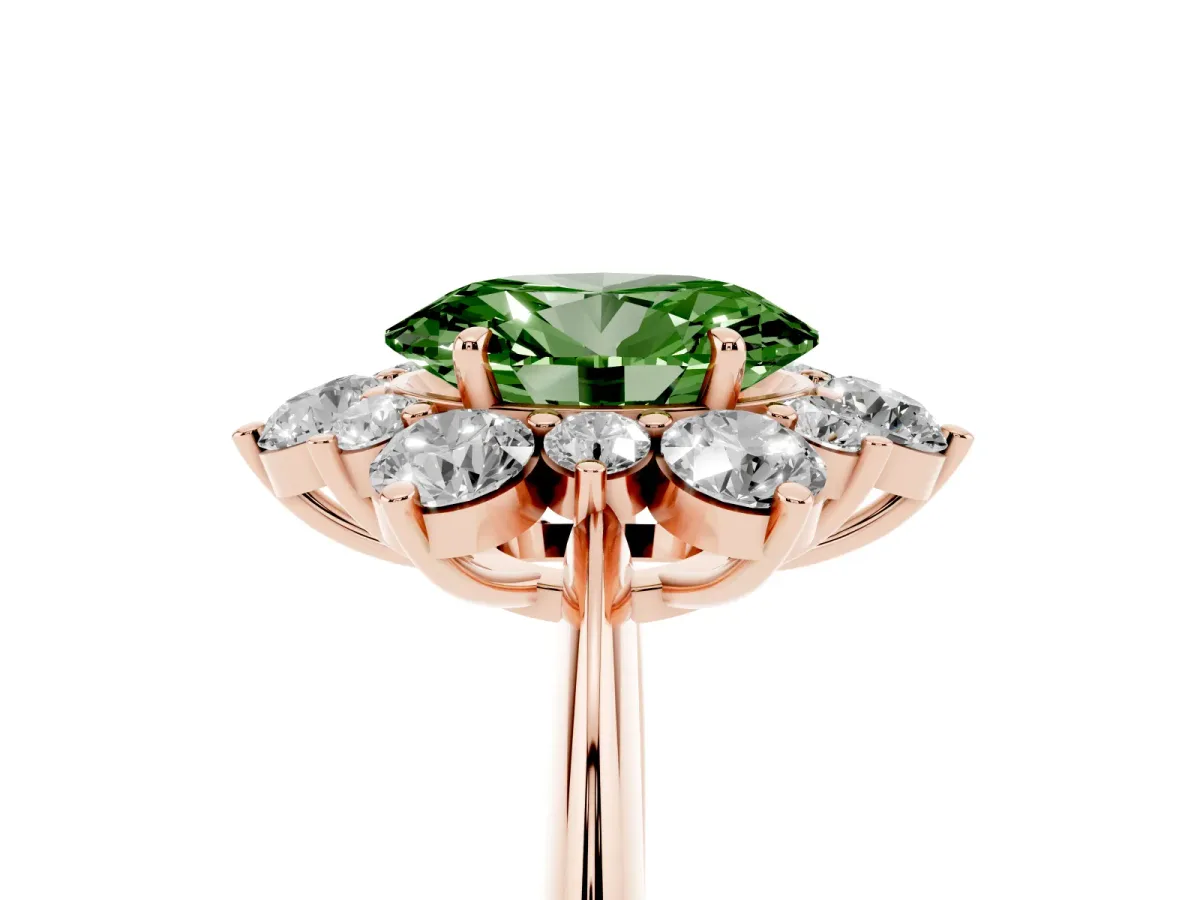 Fancy Green Oval Cut Diamond Cluster Halo Ring with Solitaire Band and Four-Prong Setting Rose gold
