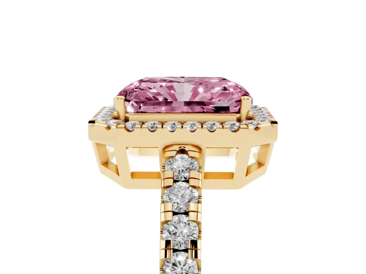 Fancy Pink Radiant Cut Diamond Halo Ring with Pavé Band and Four-Prong Setting Yellow gold