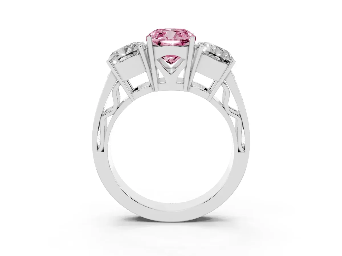 Fancy Pink Cushion Cut Diamond Three-Stone Ring with Prong Setting and Textured Band Silver
