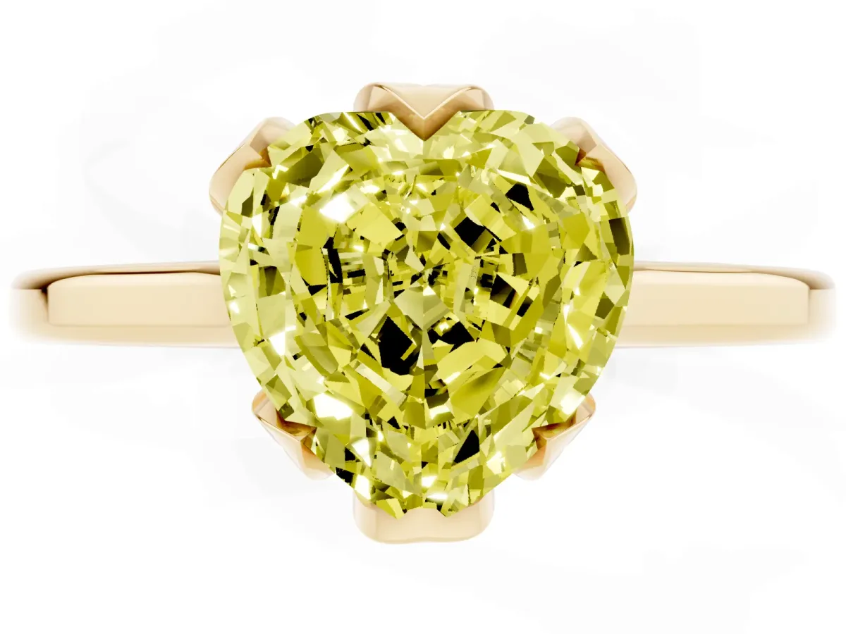 Fancy Yellow Heart Cut Diamond Solitaire Ring with Flower Prong Setting and Classic Band Yellow gold
