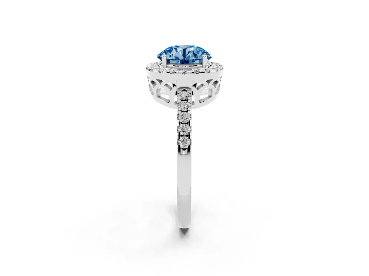 Fancy Blue Round Cut Halo Diamond Engagement Ring with Pavé Band and Four-Prong Setting Platinum