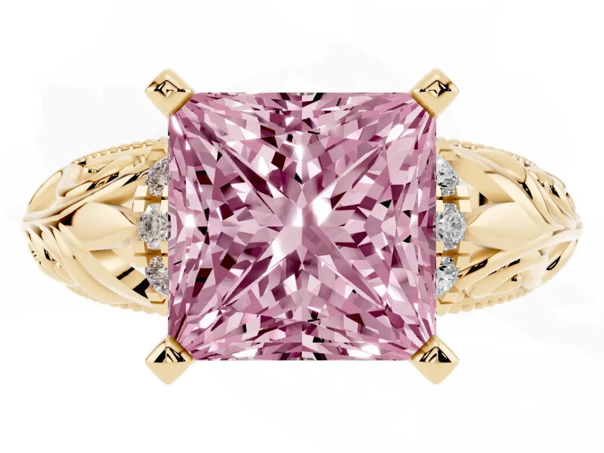 Fancy Pink Princess Cut Solitaire Filigree Engagement Ring with Halo and Prong Setting Yellow gold