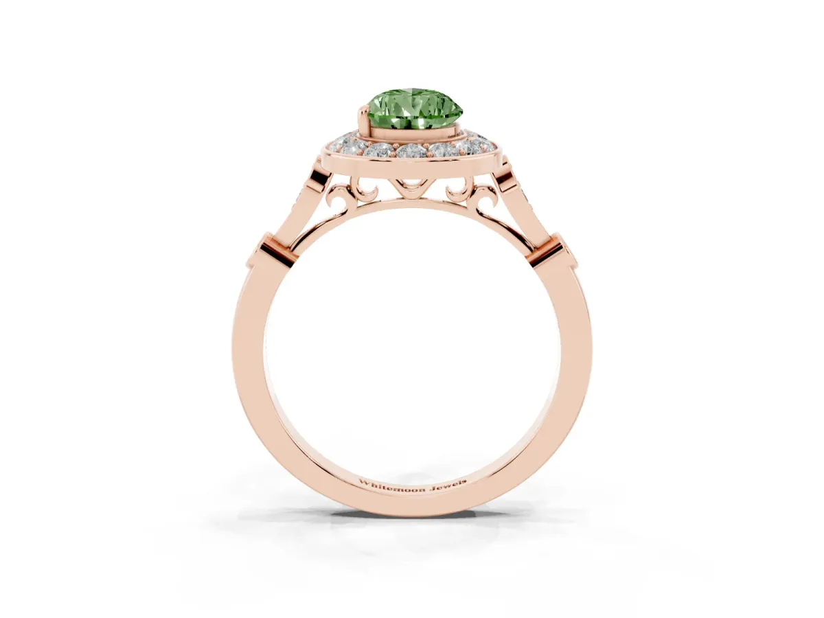 Fancy Green Pear Cut Halo Diamond Engagement Ring with Twisted Band and Four-Prong Setting Rose gold