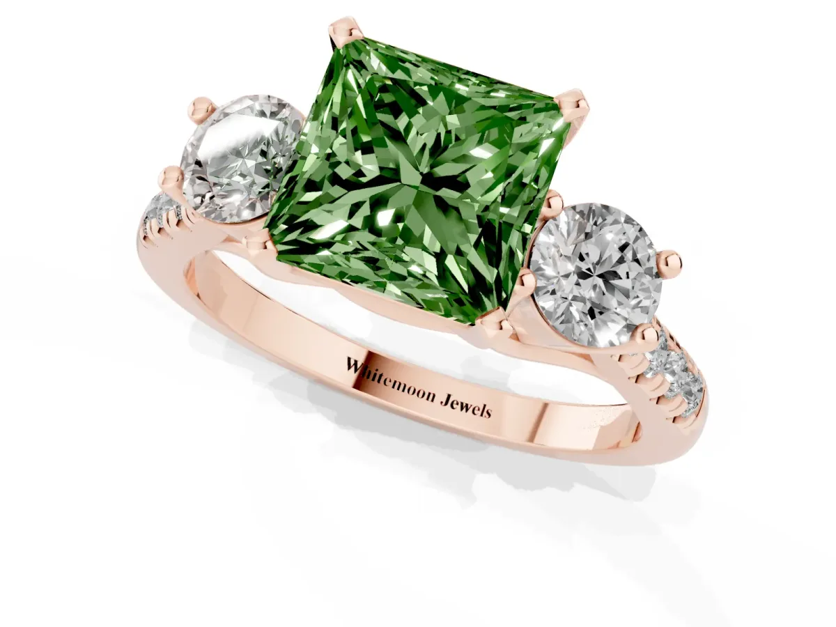 Fancy Green Three-Stone Princess Cut Diamond Pavé Band with Four-Prong Setting Rose gold