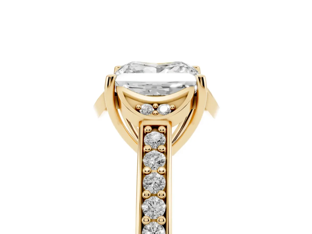 Princess Cut Cut Halo Diamond Ring with Channel Set Band and Four-Prong Setting Yellow gold
