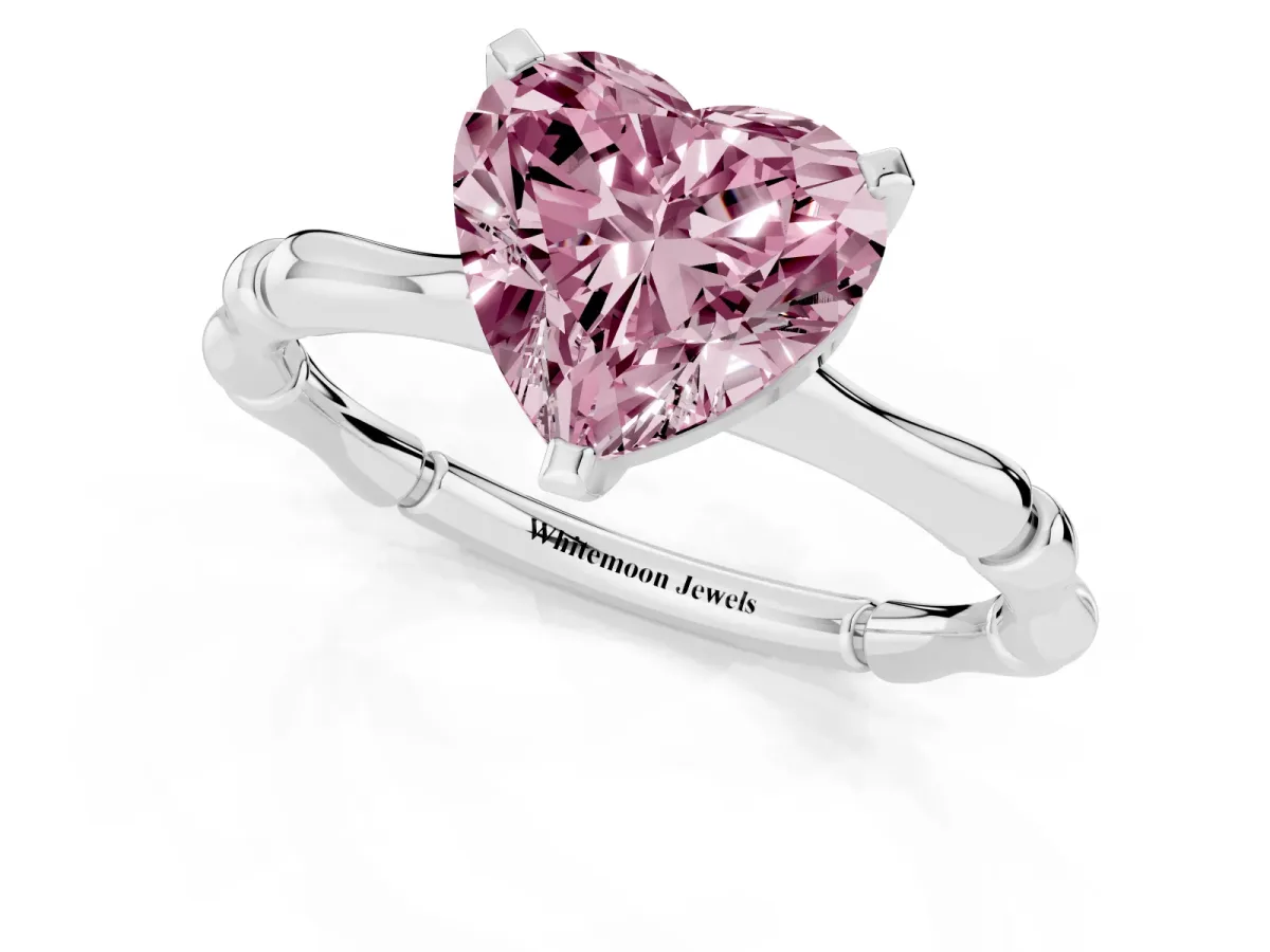 Fancy Pink Heart Cut Solitaire Diamond Ring with Bamboo Band and Four-Prong Setting Silver