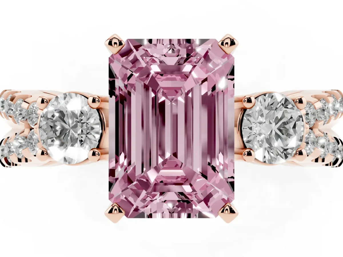 Fancy Pink Emerald Cut Diamond Three-Stone Ring with Pavé Split Shank and Four-Prong Setting Rose gold