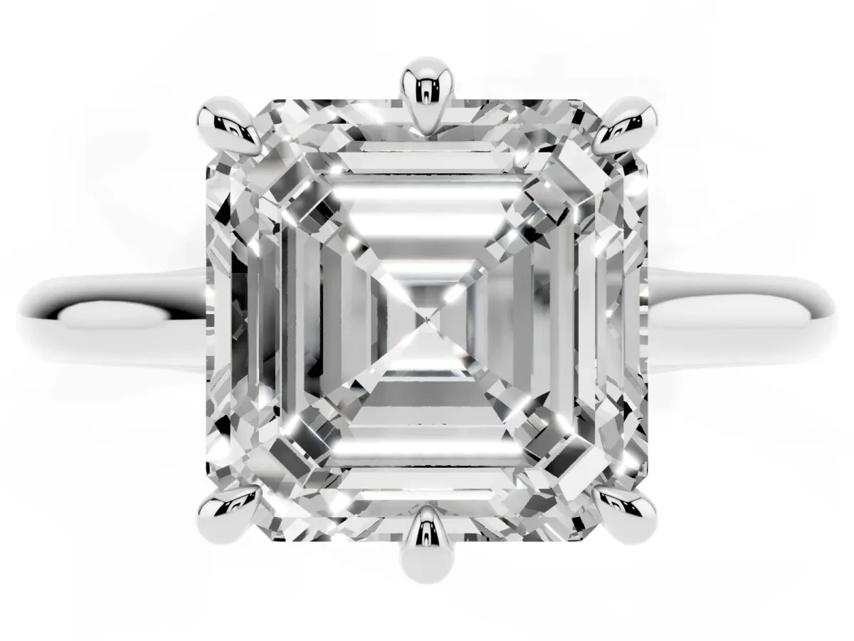 Asscher Cut Solitaire Engagement Ring with Six-Prong Setting and Classic Band Silver