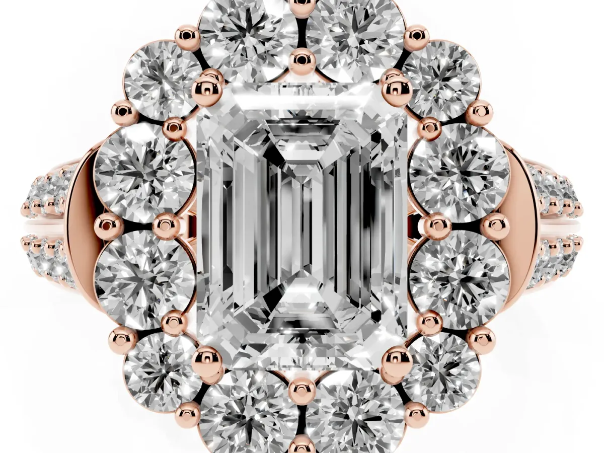 Emerald Cut Halo Diamond Engagement Ring with Split Shank and Prong Setting Rose gold