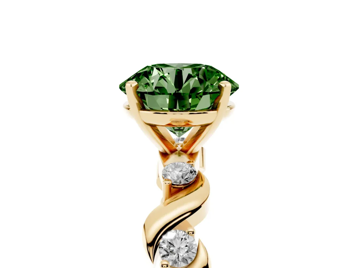 Fancy Green Round Cut Diamond Solitaire Twisted Band with Round Accents and Prong Setting Yellow gold
