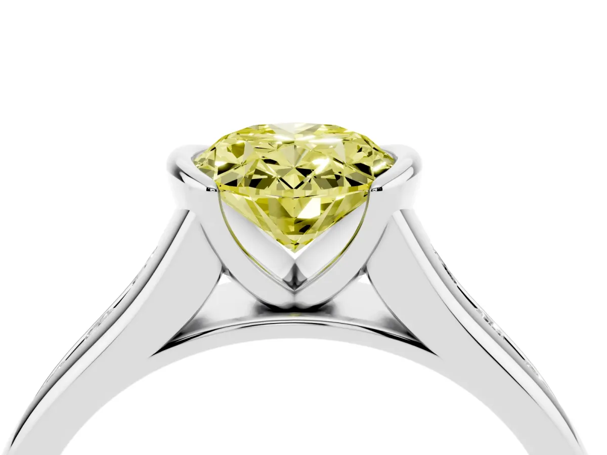 Fancy Yellow Oval Cut Solitaire Bezel-Set Diamond Ring with Channel-Set Band Silver