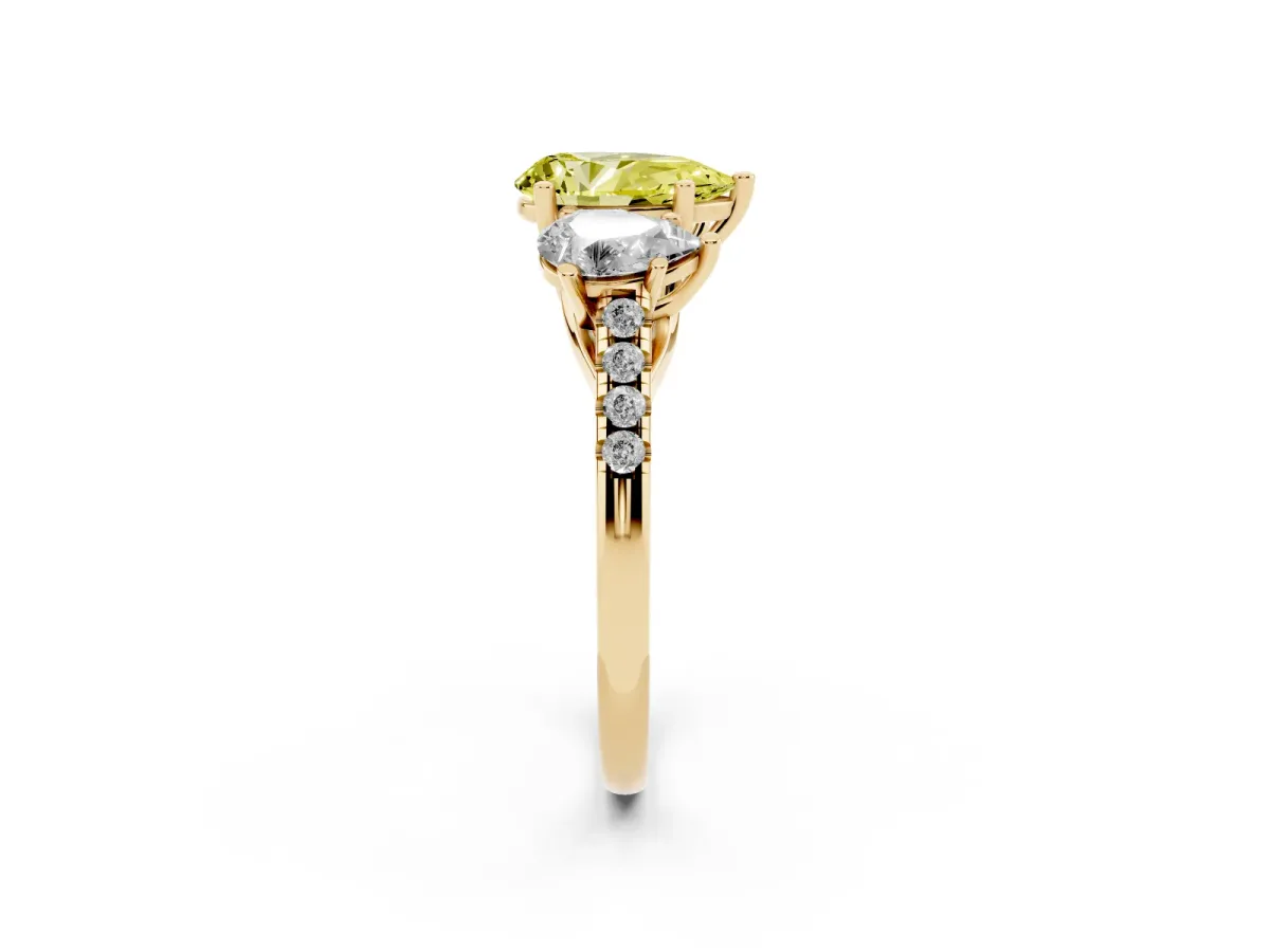 Fancy Yellow Three-Stone Pear Cut Diamond Ring with Round Pavé Band and Prong Setting Yellow gold