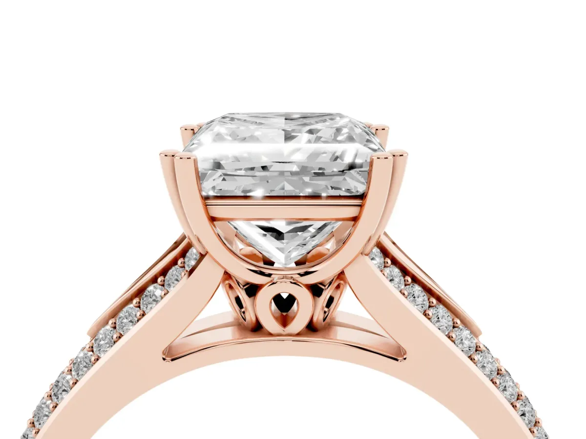 Princess Cut Diamond Split Shank Engagement Ring with Pavé Band Rose gold