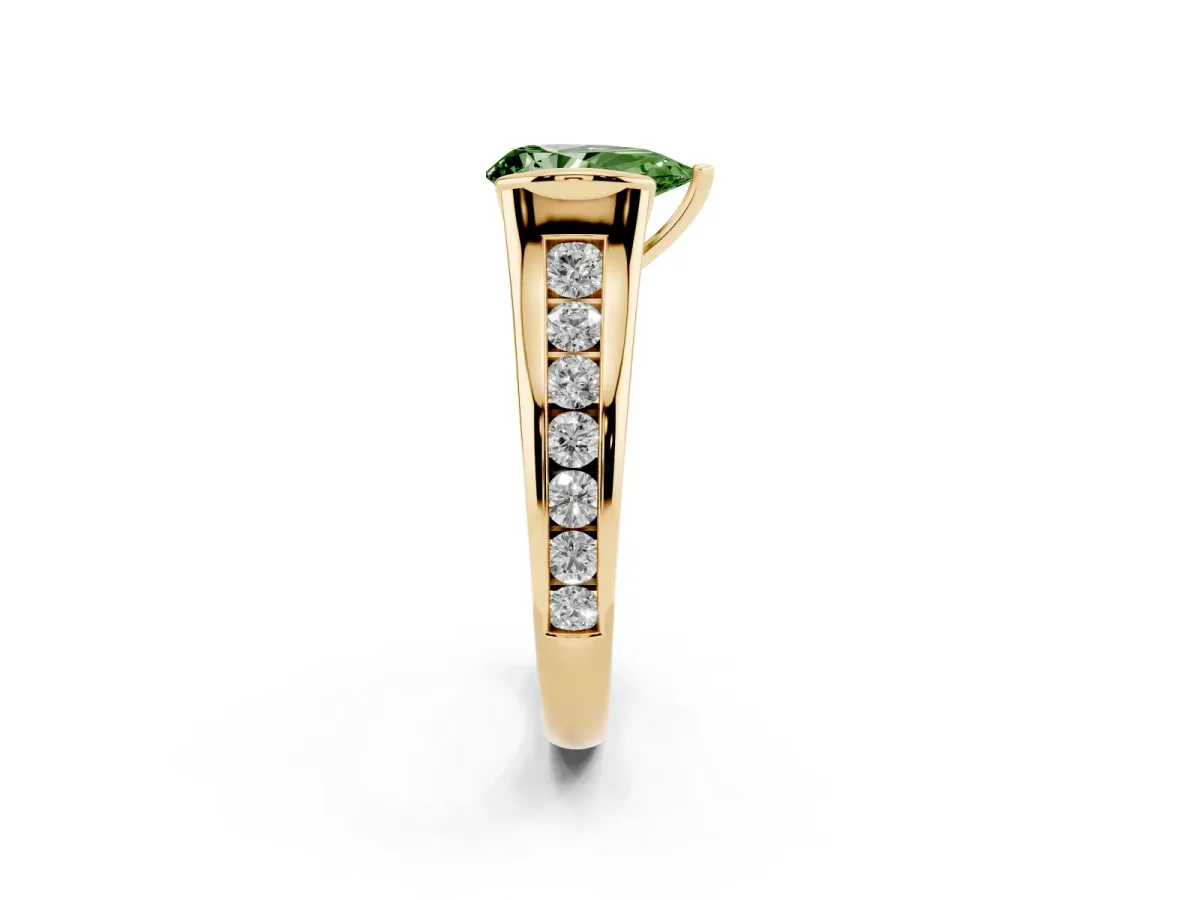 Fancy Green Pear Cut Solitaire Bezel-Set Diamond Ring with Channel-Set Band Yellow gold