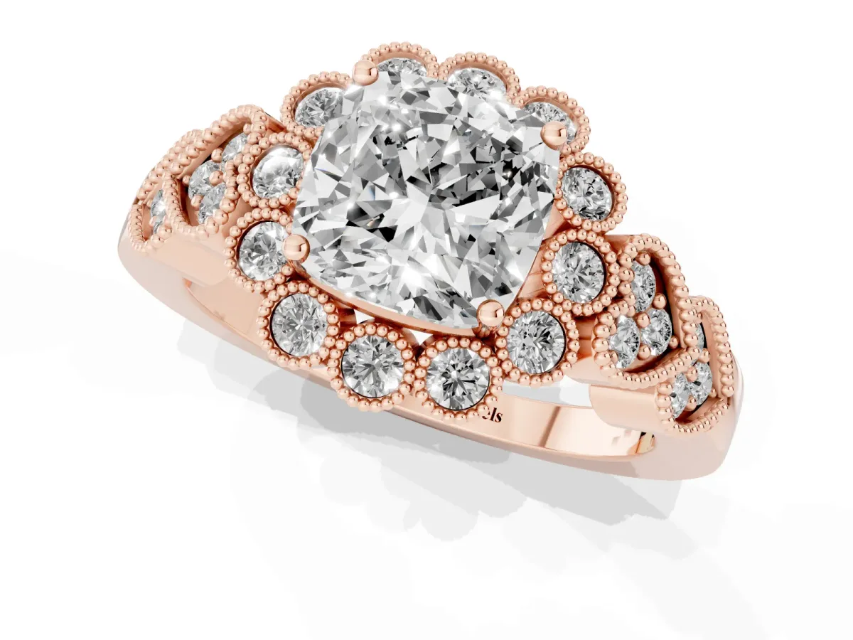 Cushion Cut Brilliant Milgrain Pave Heart Band Solitaire Ring Rose gold